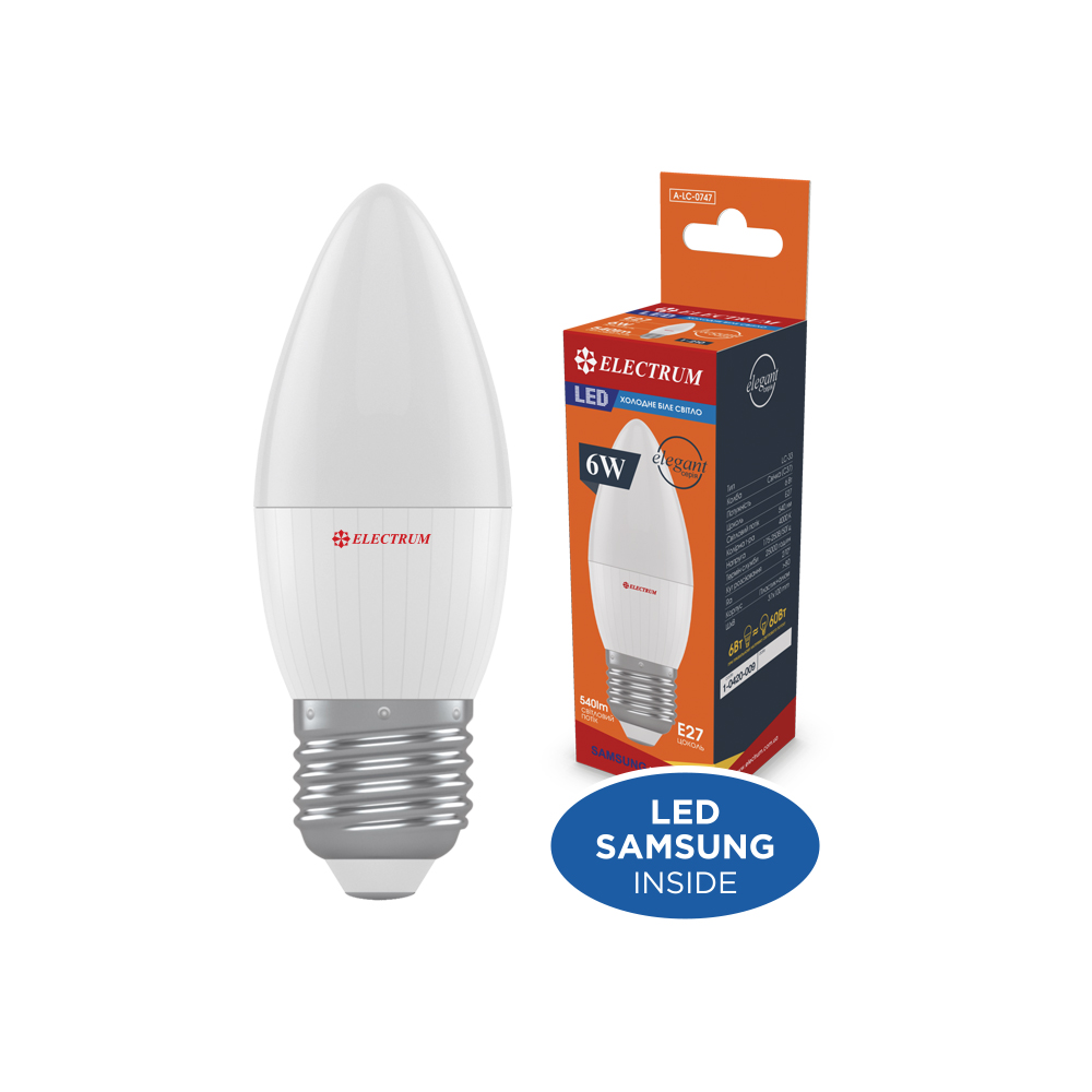 Лампа світлодіодна свічка ELECTRUM С37 6W PA LC-33 Elegant Е27 4000K